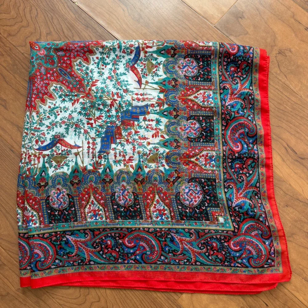 Vintage Paisley Floral Silk Scarf Red Blue Boho Made In Italy Neckerchief 31